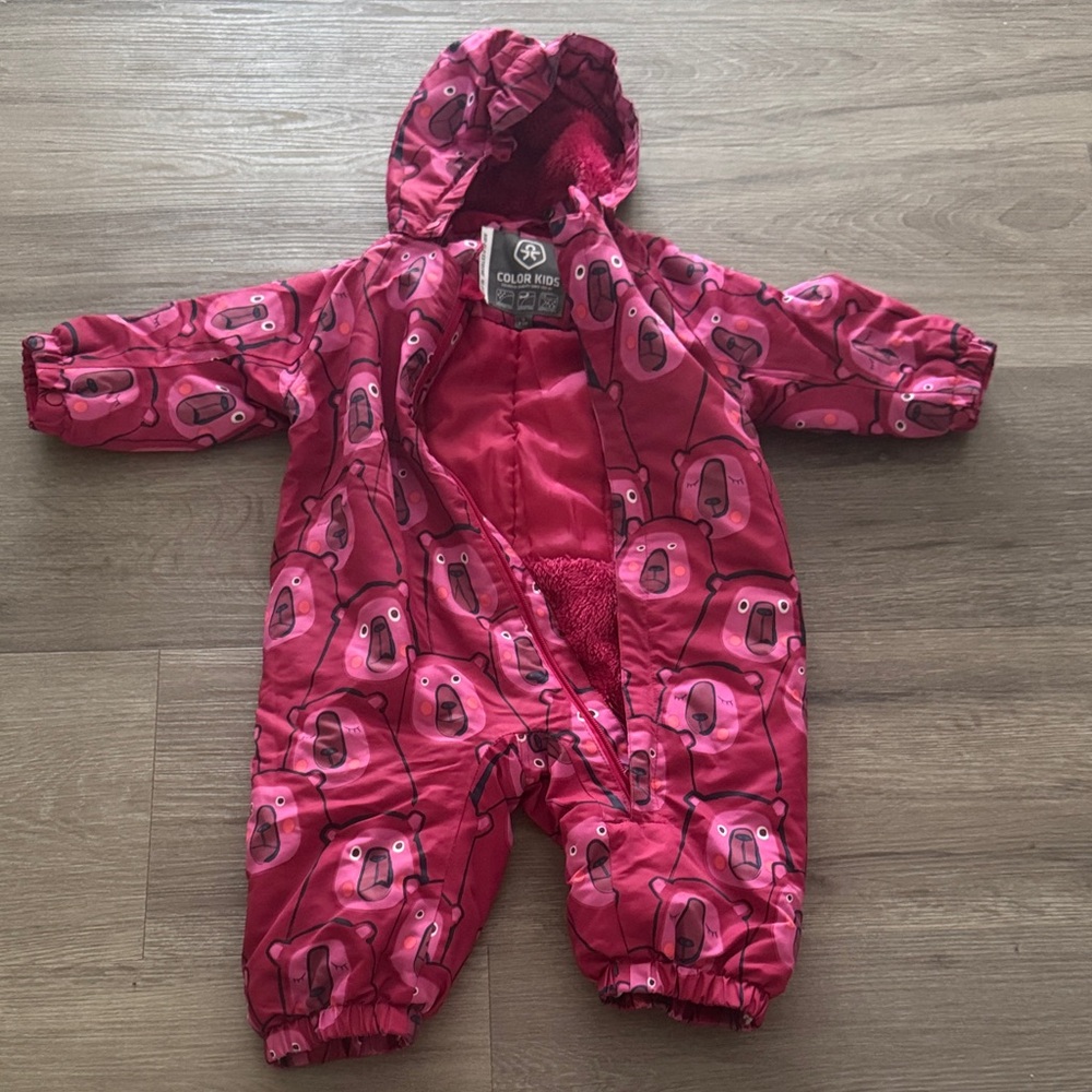 Pink Bear-Print Infant Puffer Snowsuit 9-12mo